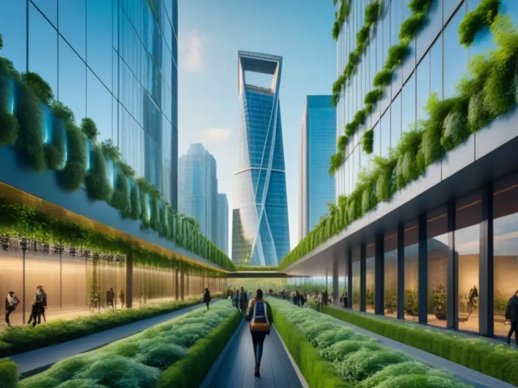 Rascacielos sostenible: Fusión de naturaleza y modernidad Un rascacielos futurista sostenible de vidrio y vegetación, integrando bioarquitectura en mercado inmobiliario internacional