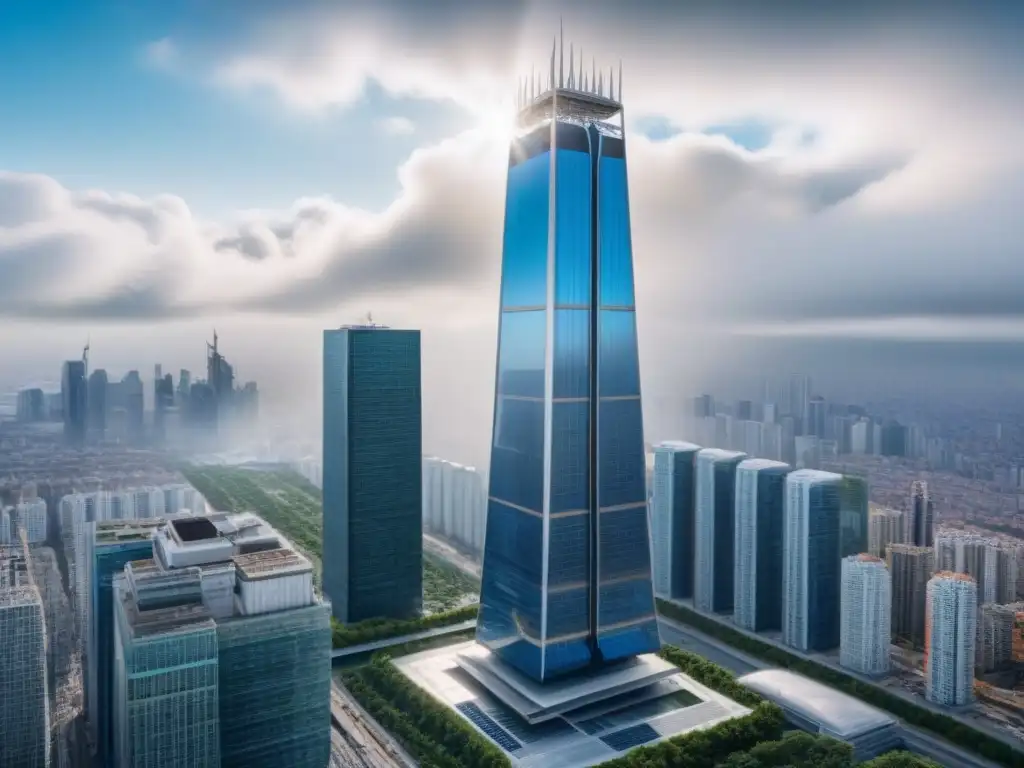 Rascacielos futurista y sostenible en la ciudad Un rascacielos futurista y sustentable destaca en un paisaje urbano bullicioso, cumpliendo normativas ambientales mercado inmobiliario internacional