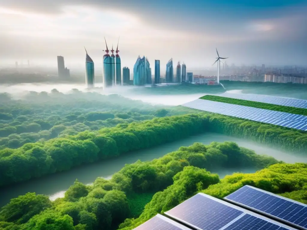 Rascacielos ecológico: arquitectura moderna y tecnología sostenible Un rascacielos futurista con tecnología verde en un paisaje urbano moderno