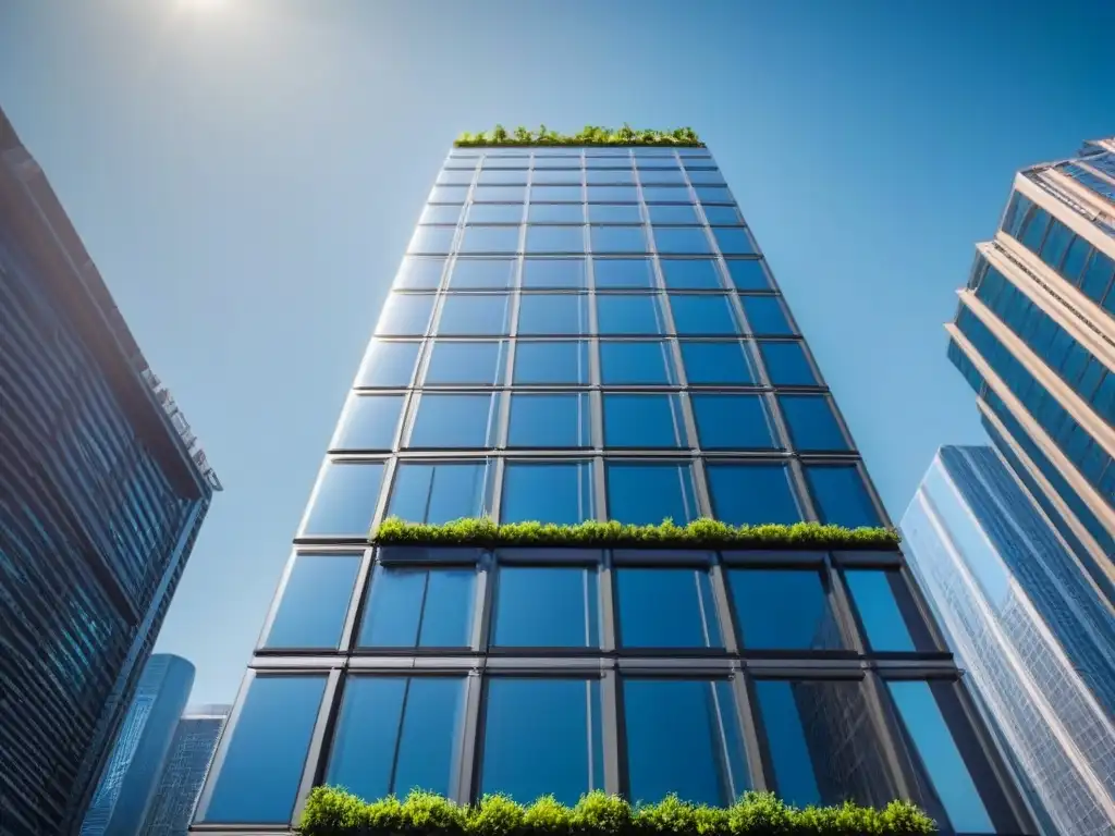 Edificio futurista con tecnologías energéticas avanzadas Rascacielos futurista con tecnologías eficientes, paneles solares y vegetación