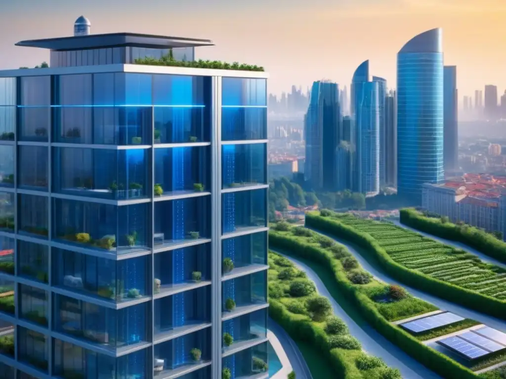 Rascacielos futurista energía verde en ciudad vibrante Un rascacielos futurista con tecnologías energéticas avanzadas integradas en su diseño, rodeado de una ciudad vibrante
