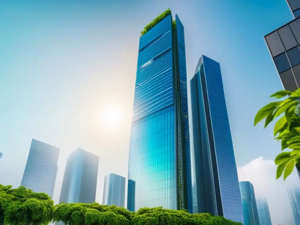 Rascacielos futurista de cristal y acero con tecnología punta Un rascacielos futurista de vidrio y acero rodeado de vegetación, simbolizando innovación y oportunidades en Inversiones inmobiliarias internacionales seguras