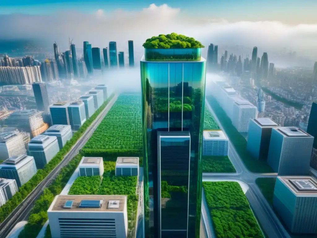 Rascacielos futurista: armonía natural y urbana Un rascacielos futurista de vidrio refleja la ciudad, con diseño verde y metrópolis avanzada