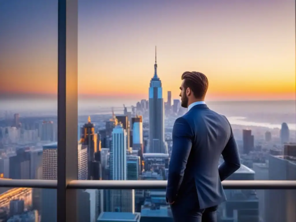 Edificio futurista en la ciudad: símbolo de innovación inmobiliaria Rascacielos futurista de vidrio en una ciudad bulliciosa con un atardecer dorado, simbolizando la psicología M&A inmobiliarias vendedor comprador