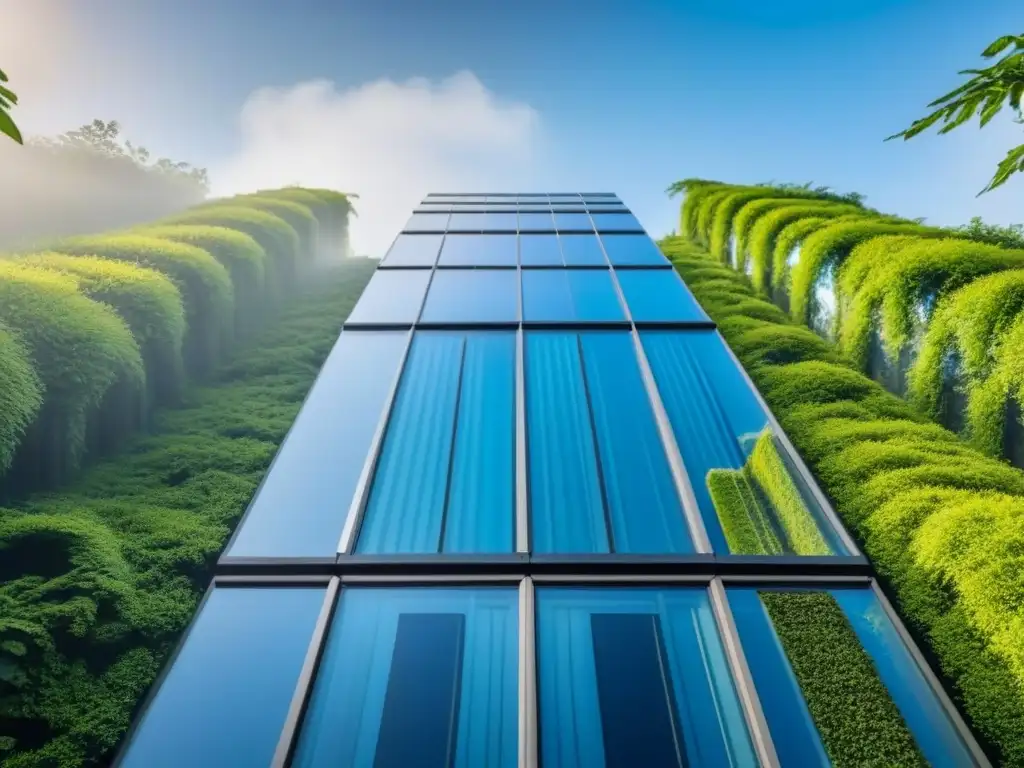Rascacielos futurista: diseño sostenible y vanguardia Rascacielos futurista de vidrio eficiente energéticamente en armonía con la naturaleza
