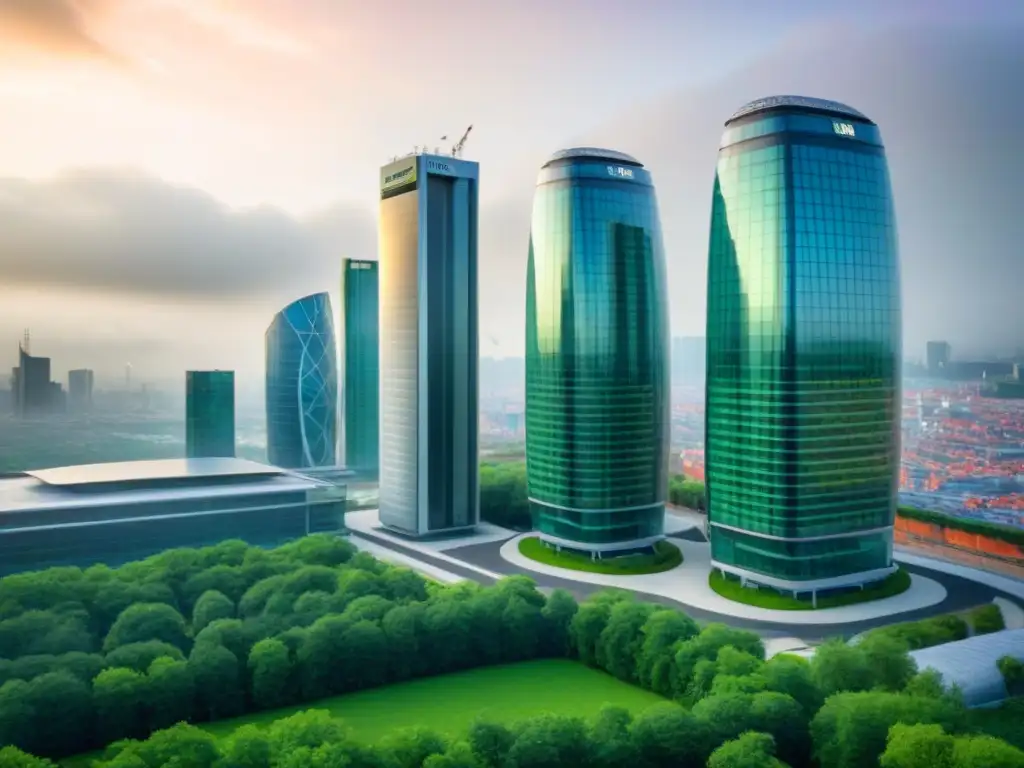 Edificios ecofuturistas: LEED vs Dos rascacielos futuristas, uno con certificación LEED y otro con certificación BREEAM, representando el contraste en costos