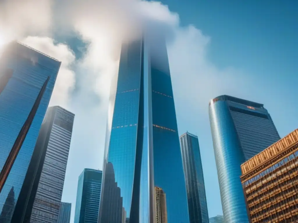 Convergencia arquitectónica: fusión impactante de rascacielos en 8k Dos rascacielos imponentes fusionados en la cima, reflejando la ciudad