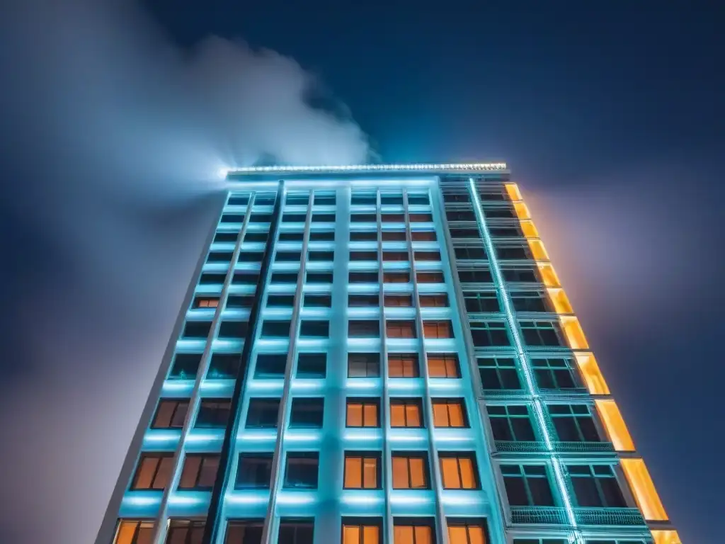 Edificio internacional de noche: seguridad eléctrica y modernidad Un rascacielos internacional iluminado de noche, cumpliendo normativas seguridad eléctrica inmuebles internacionales