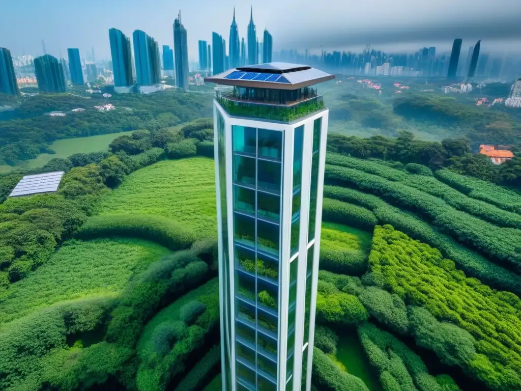 Rascacielos eco-friendly LEED rodeado de naturaleza exuberante Rascacielos LEEDcertificado rodeado de vegetación, reflejando el cielo azul y paneles solares