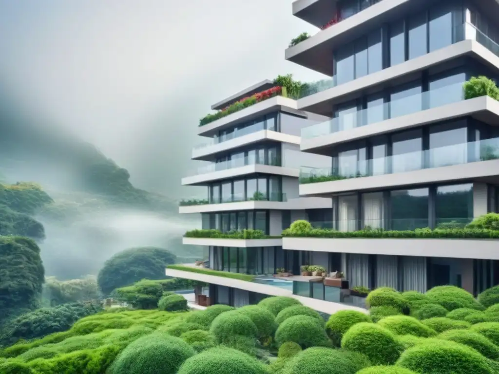 Edificio de lujo: fusión arquitectónica internacional Un rascacielos de lujo fusionando diseño arquitectónico moderno con motivos culturales de diferentes países, rodeado de vegetación exuberante