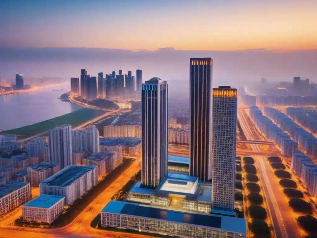 Condominio de lujo con arquitectura futurista en la ciudad al atardecer Un rascacielos de lujo con arquitectura futurista se alza imponente en el horizonte urbano al anochecer, reflejando el sol en sus ventanales