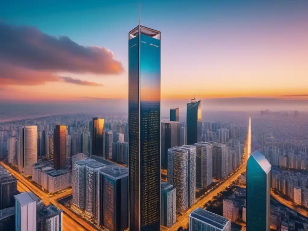 Rascacielos futurista con blockchain en el centro urbano Un rascacielos de lujo en el centro de una ciudad bulliciosa, con arquitectura futurista y vidrios que reflejan el paisaje urbano