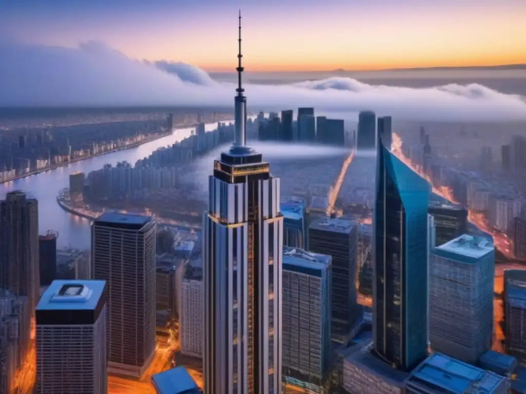 Rascacielos de lujo en atardecer urbano Un rascacielos de lujo con diseño moderno y ventanales que reflejan el atardecer en la ciudad
