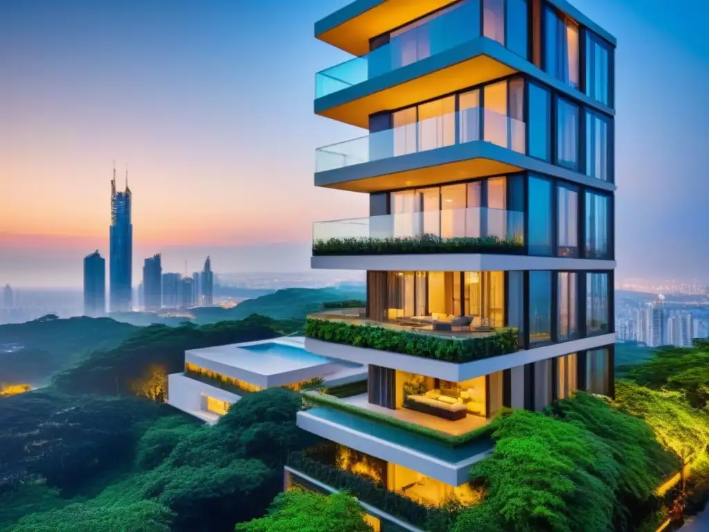 Edificio de lujo con fachada de cristal reflejando la ciudad al anochecer Un rascacielos de lujo con diseño moderno y vidrio reflejando el horizonte urbano al anochecer, rodeado de naturaleza y arte contemporáneo