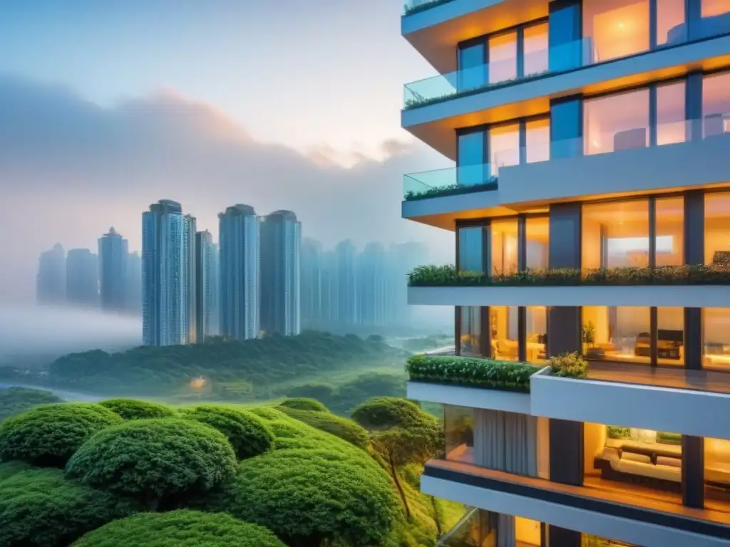 Edificio de lujo con diseño innovador y vistas panorámicas Un rascacielos de lujo con fachadas de cristal reflejando la ciudad, rodeado de vegetación y elementos urbanos vanguardistas