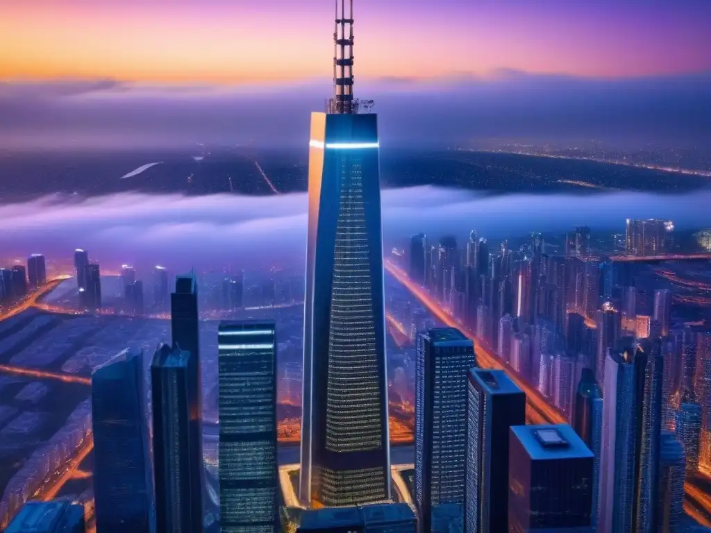 Espléndido rascacielos futurista al atardecer en la ciudad Un rascacielos de lujo futurista en una ciudad bulliciosa al anochecer