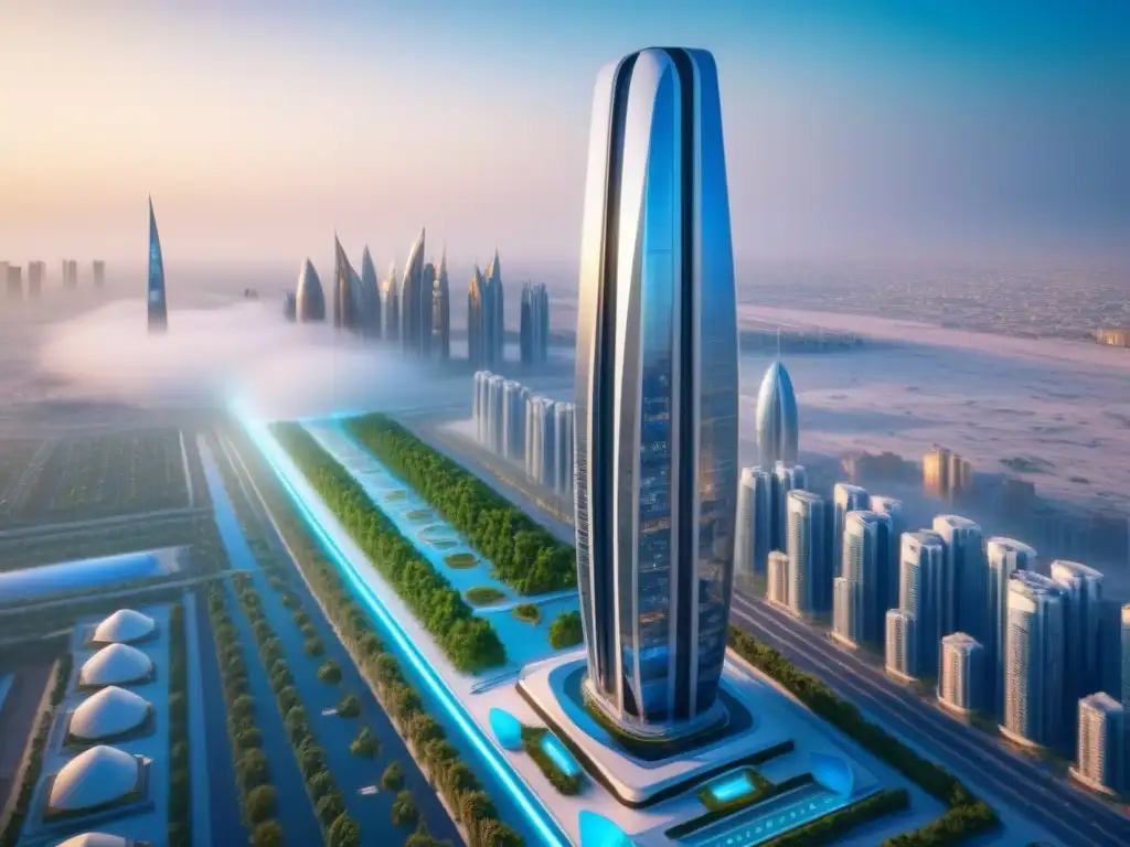 Rascacielos futurista de lujo en Oriente Medio: tecnología y sofisticación Un rascacielos de lujo futurista en Medio Oriente, fusionando tecnología y elegancia, rodeado de vegetación exuberante y transporte innovador