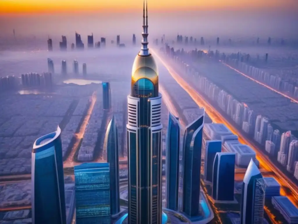 Rascacielos de lujo futurista en ciudad de Oriente Medio Un rascacielos de lujo futurista en Medio Oriente con tecnología integrada y jardines verdes, reflejando el atardecer dorado en su fachada de cristal