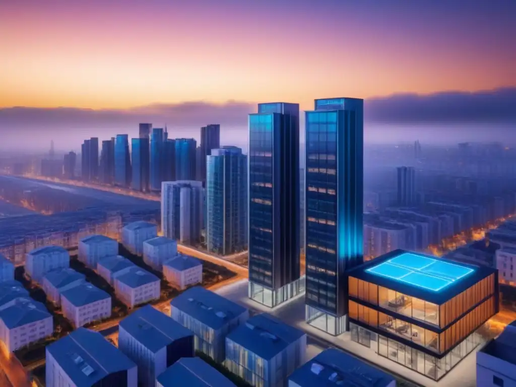Edificio de lujo con IoT en ciudad futurista Un rascacielos de lujo moderno en el centro de una ciudad bulliciosa, con tecnología IoT