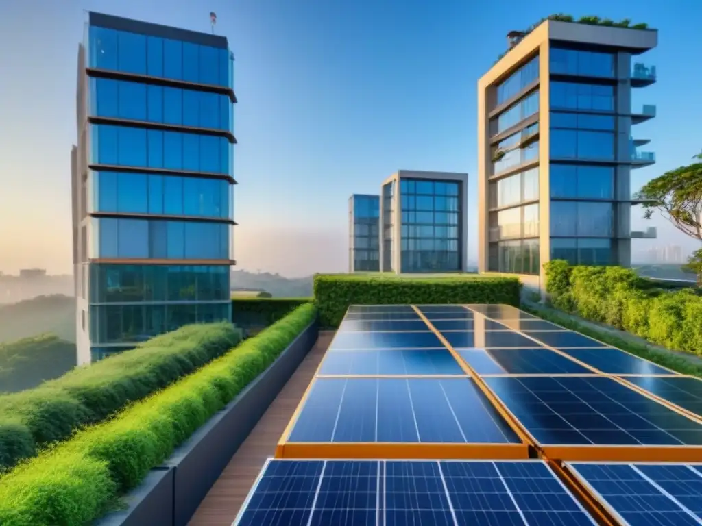 Edificio eco-sostenible de lujo con energía solar al atardecer Un rascacielos de lujo y moderno con paneles solares en la azotea, rodeado de vegetación, refleja el cielo azul