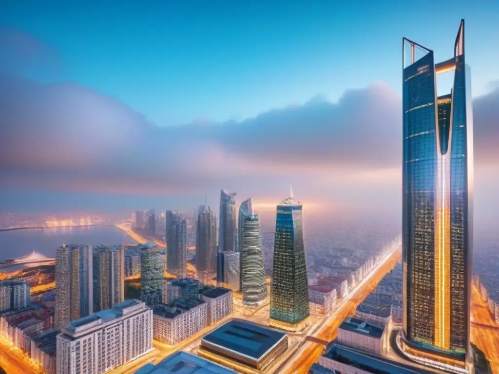 Rascacielos de lujo en ciudad vibrante: inversión inmobiliaria global Un rascacielos de lujo rodeado de una bulliciosa ciudad, reflejando la energía vibrante del próspero mercado inmobiliario global