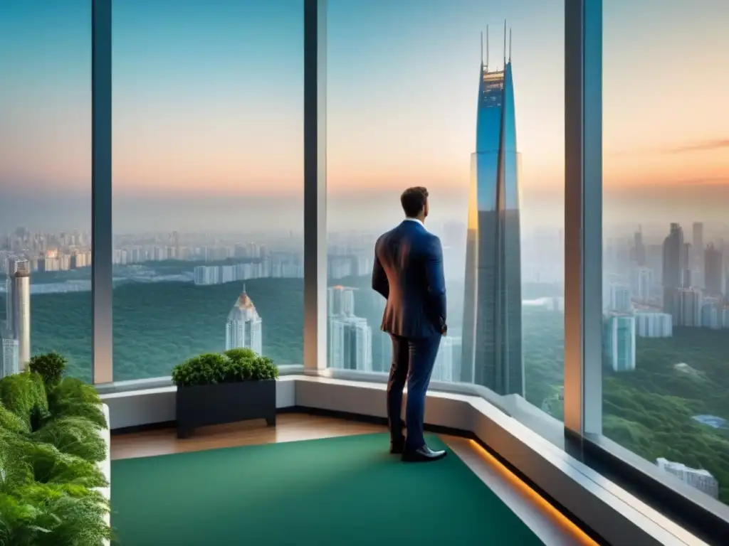Rascacielos de lujo en entorno verde: icono de elegancia global Un rascacielos de lujo rodeado de exuberante vegetación, con ventanales de piso a techo que reflejan el dinámico paisaje urbano