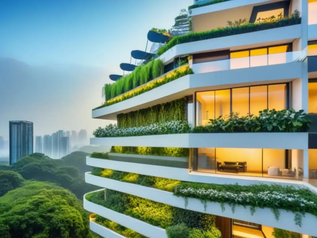 Rascacielos sostenible: lujo y tecnología verde en el horizonte Rascacielos de lujo sostenible con tecnologías verdes, rodeado de vegetación exuberante