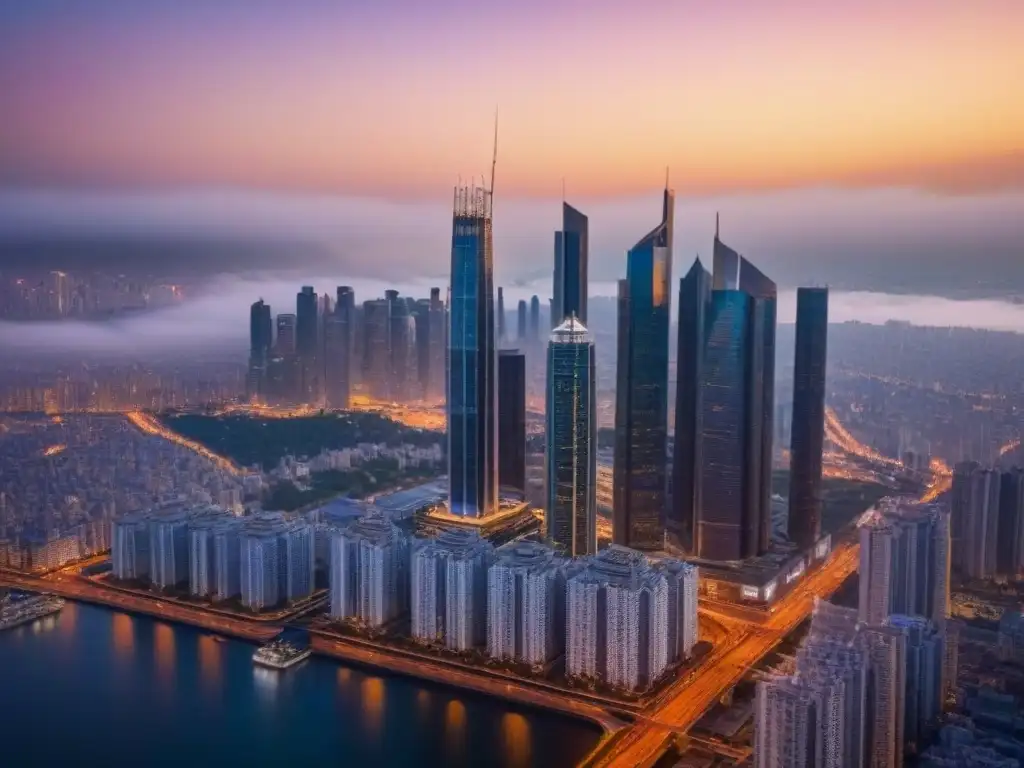 Inversión inmobiliaria de lujo al atardecer en la ciudad Un rascacielos lujoso en el atardecer de una ciudad vibrante