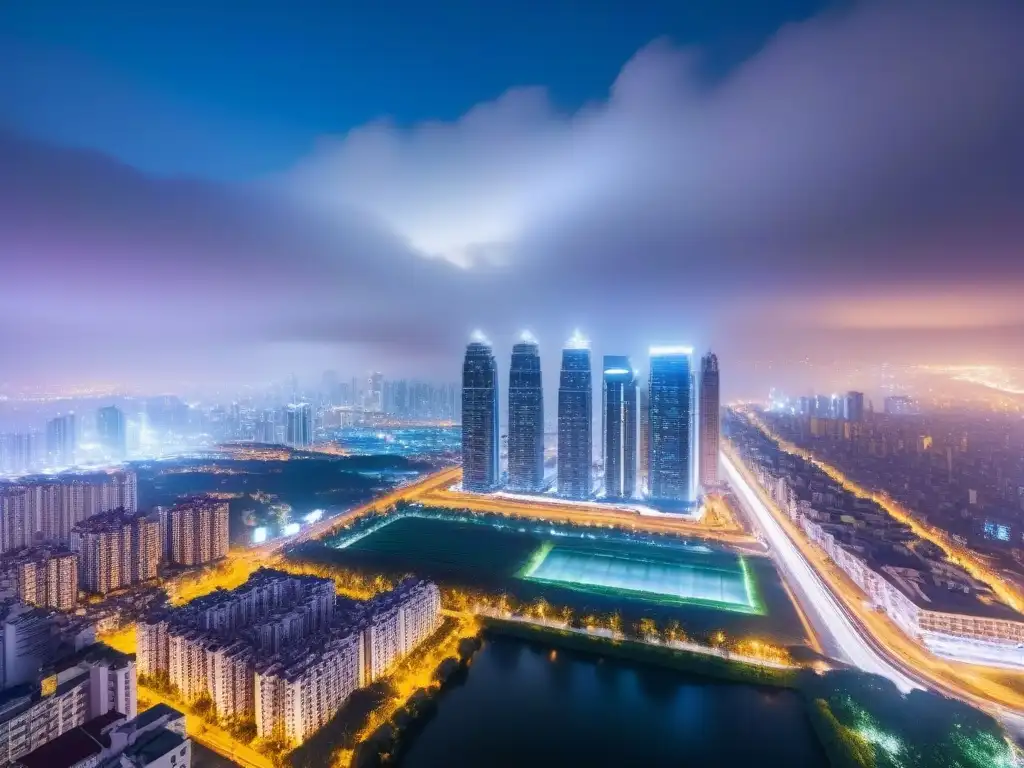 Esplendor urbano: rascacielos de lujo con vista nocturna de la ciudad Un rascacielos lujoso y elegante con vista panorámica de una ciudad bulliciosa de noche, reflejando la vida urbana moderna