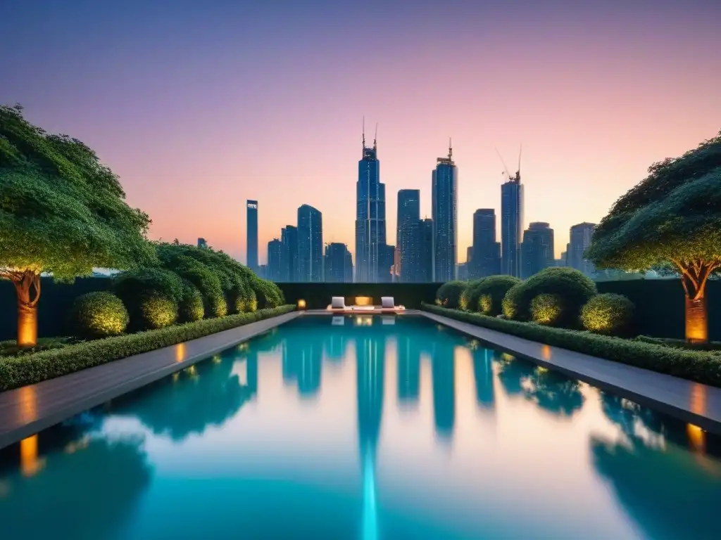 Edificio de lujo con diseño moderno y vistas panorámicas al atardecer Un rascacielos lujoso con fachada de cristal reflejando el skyline urbano al anochecer, rodeado de vegetación y una piscina