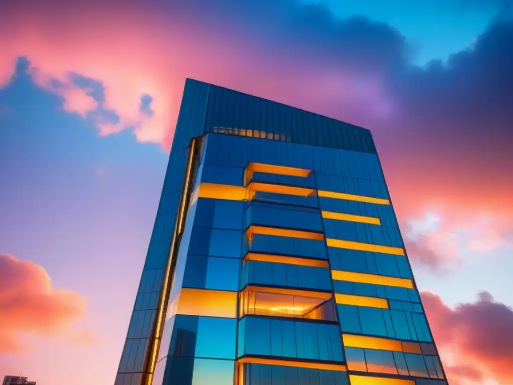 Edificio futurista en atardecer vibrante: arquitectura moderna Un rascacielos lujoso y futurista destaca en la ciudad internacional, reflejo de las tendencias marketing inmobiliario internacional