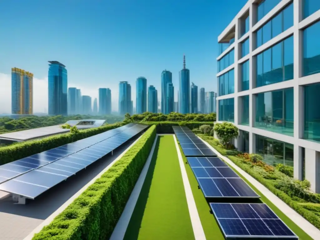 Edificio sostenible: moderno y lujoso en ciudad verde Un rascacielos lujoso y moderno rodeado de vegetación, con paneles solares en el techo y una ciudad sostenible abajo