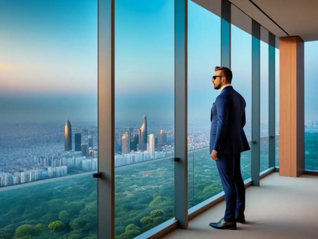 Edificio de lujo con diseño contemporáneo y vistas urbanas internacionales Un rascacielos lujoso y moderno con ventanales de piso a techo reflejando el horizonte de una ciudad internacional