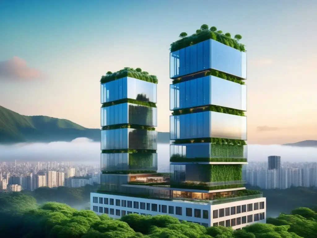 Rascacielos de lujo en armonía con la naturaleza: el futuro del crowdfunding inmobiliario Un rascacielos lujoso rodeado de exuberante vegetación, fusionando naturaleza y desarrollo urbano