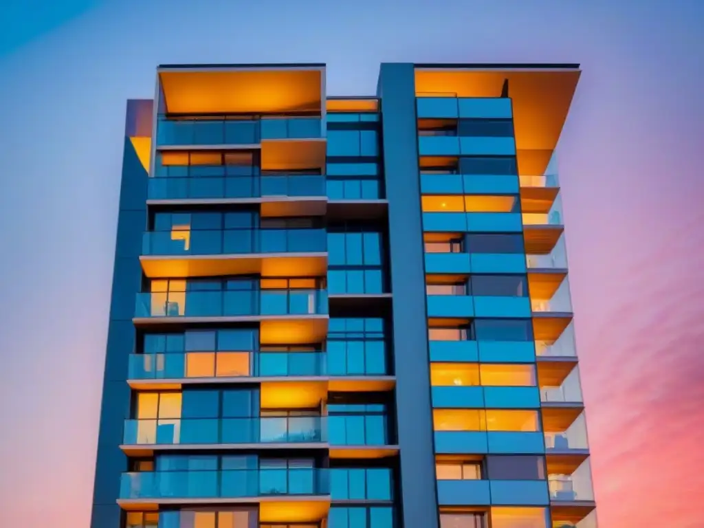 Esplendor urbano: rascacielos de lujo en atardecer vibrante Un rascacielos lujoso con ventanas de piso a techo reflejando un vibrante paisaje urbano al atardecer
