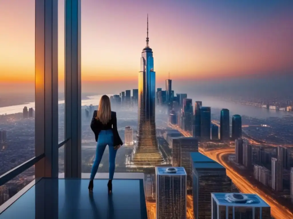Rascacielos de lujo en la ciudad: elegancia moderna al atardecer Un rascacielos lujoso se alza contra el vibrante horizonte de la ciudad, reflejando el brillo dorado del atardecer