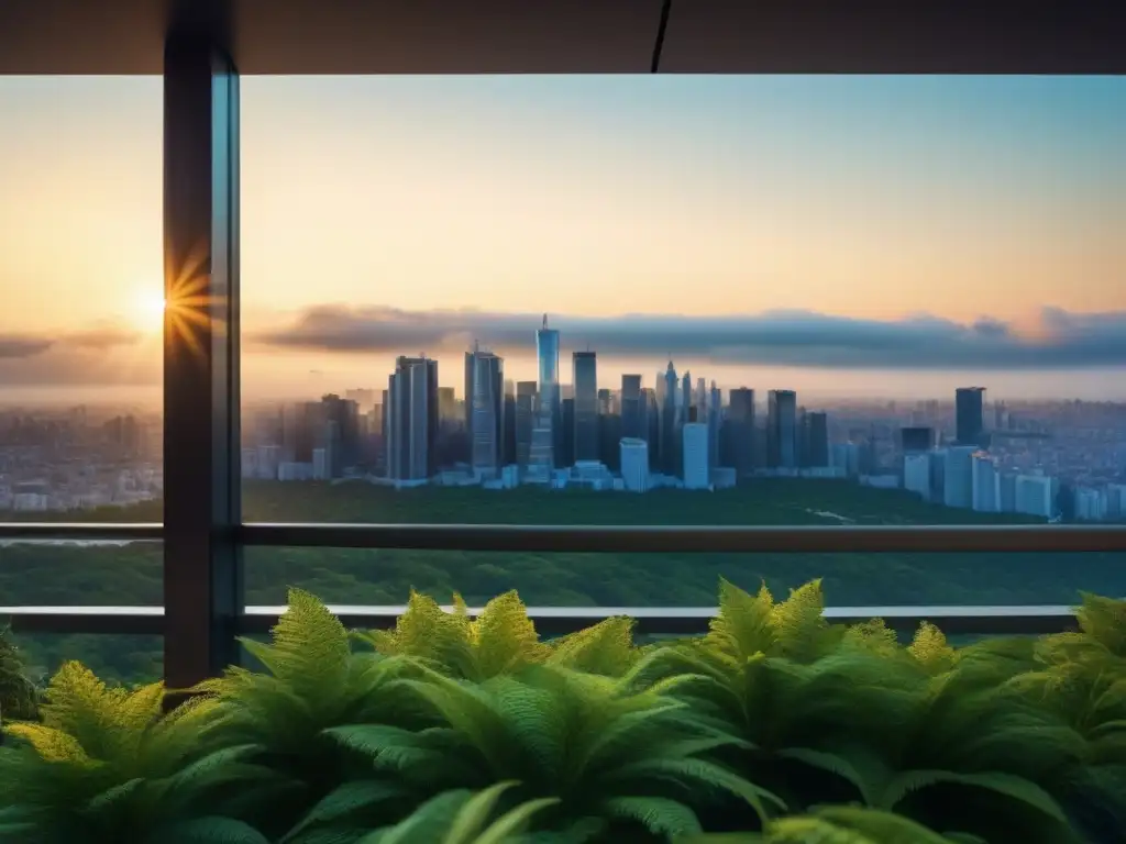 Espléndido rascacielos moderno reflejando atardecer dorado Rascacielos moderno reflejando el atardecer dorado, rodeado de vegetación exuberante, con líneas arquitectónicas elegantes y fachada de vidrio que muestra un vibrante horizonte urbano