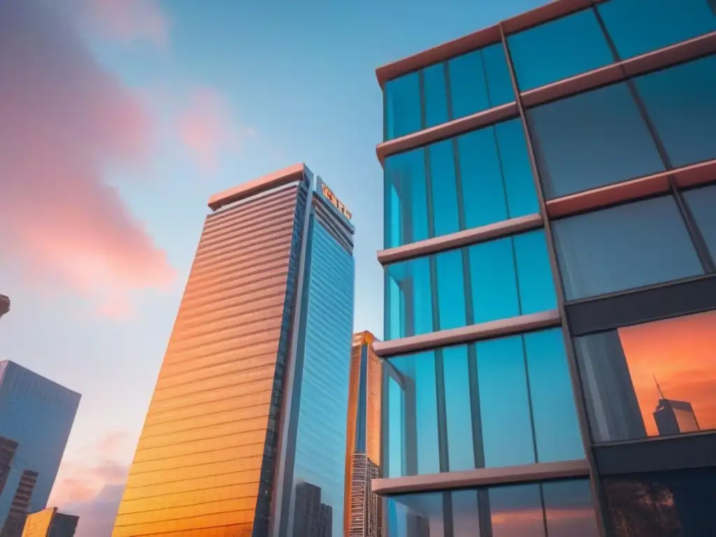 Edificio de lujo al atardecer: estrategia de leaseback para inversores Un rascacielos moderno al atardecer, iluminado por un resplandor dorado, reflejando la ciudad