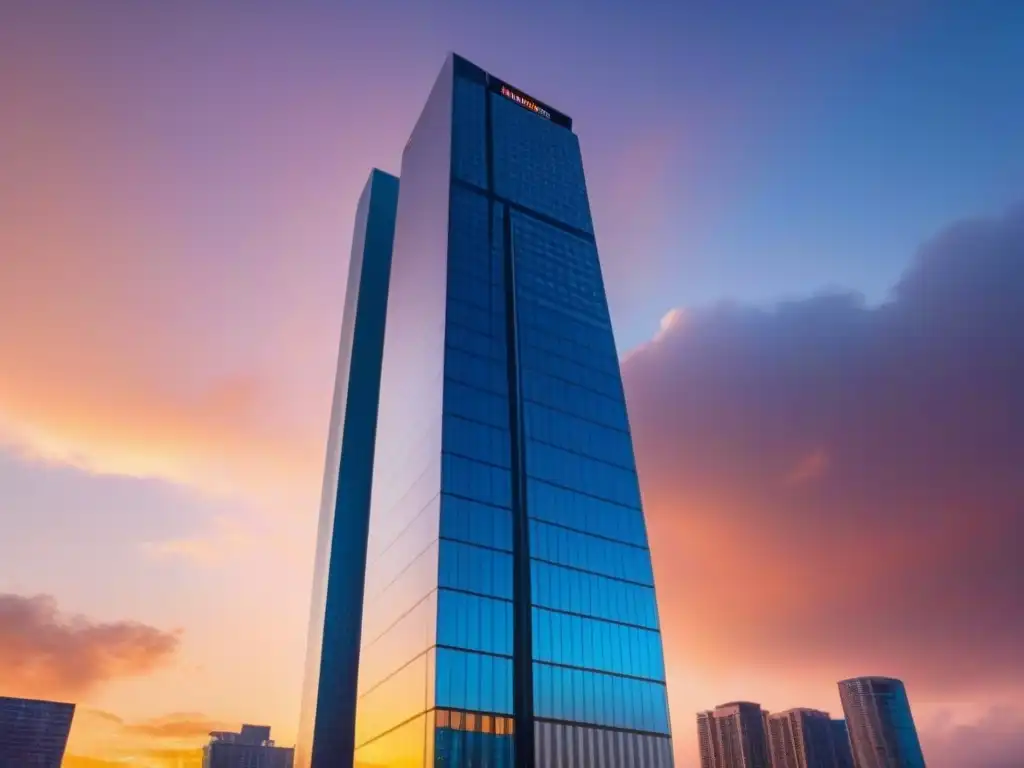 Inversión segura: Rascacielos moderno al atardecer Rascacielos moderno en atardecer resplandeciente, atrayente para inversionistas inmobiliarios internacionales