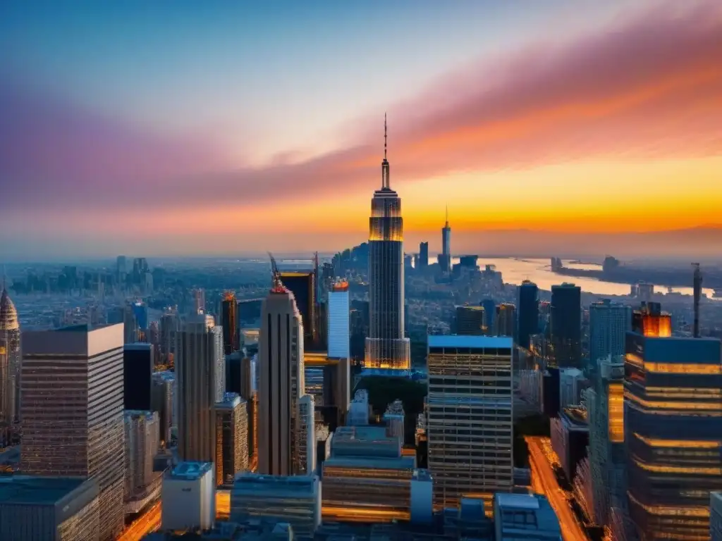 Rascacielos dorado en atardecer urbano Un rascacielos moderno domina un bullicioso paisaje urbano al atardecer, atrayendo a inversionistas globales en el mercado inmobiliario
