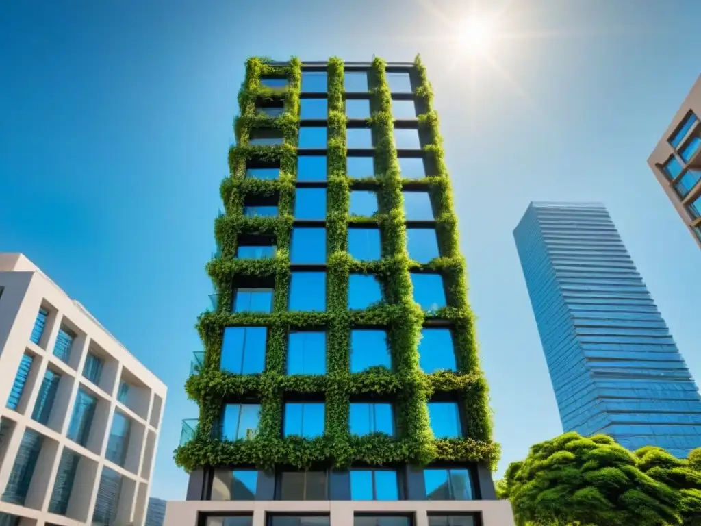 Edificio moderno sostenible rodeado de naturaleza exuberante Un rascacielos moderno con certificaciones LEED y BREEAM internacionales, rodeado de jardines y paneles solares