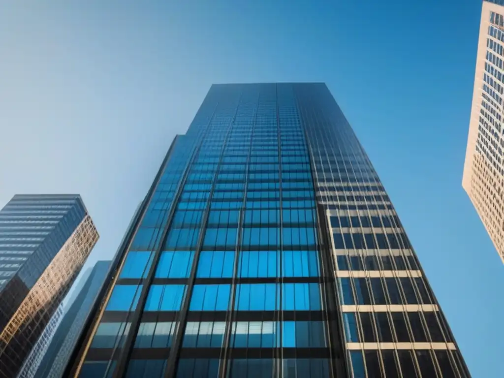 Rascacielos moderno: elegancia en la ciudad Un rascacielos moderno se alza contra el cielo azul, reflejando la ciudad