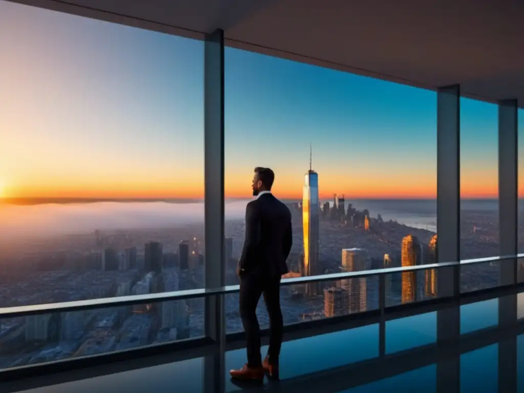 Rascacielos transparente: inversión inmobiliaria global al atardecer Un rascacielos moderno reflejando la ciudad al atardecer, símbolo de ética en inversiones inmobiliarias internacionales