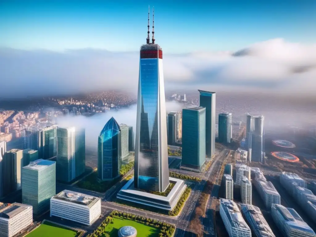 Esplendor arquitectónico: rascacielos moderno en ciudad dinámica Un rascacielos moderno se alza sobre una ciudad bulliciosa, reflejando el dinamismo del mercado inmobiliario internacional