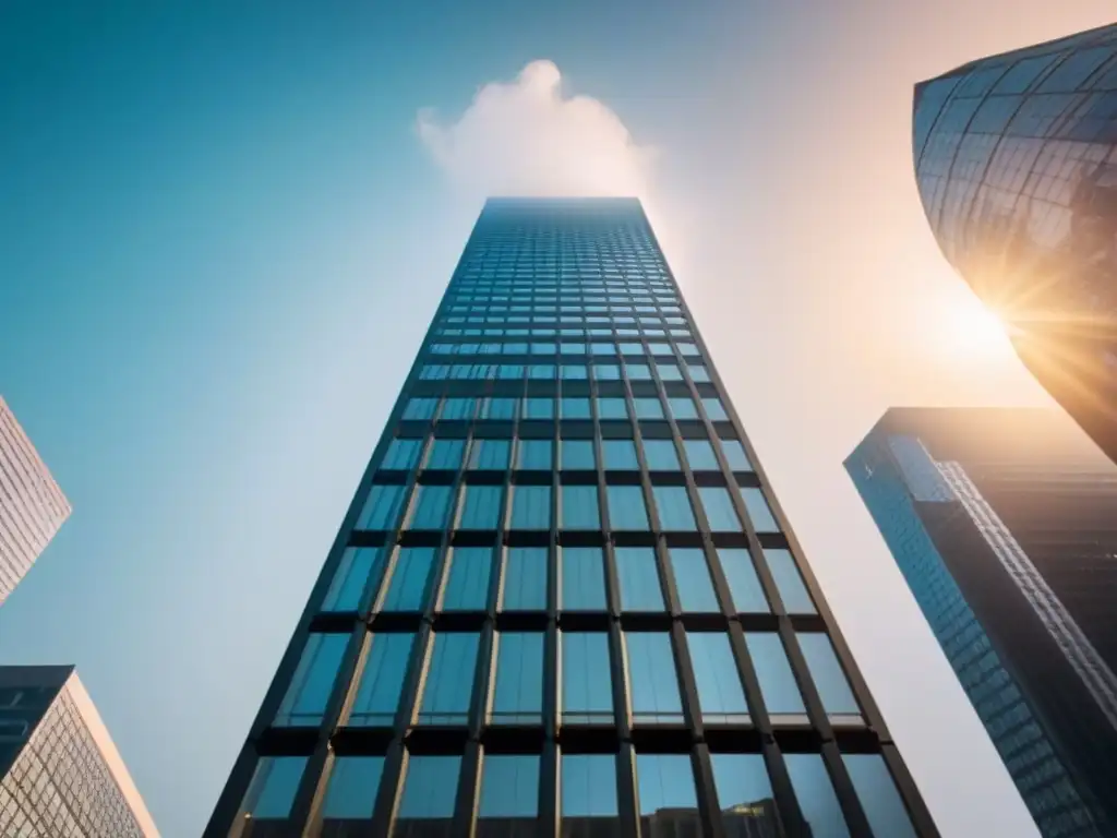 Edificio de oficinas moderno y luminoso en la ciudad Un rascacielos moderno reflejando la ciudad, resalta su diseño innovador