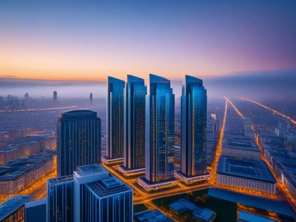 Edificio moderno con vistas urbanas al atardecer Un rascacielos moderno reflejando la ciudad al anochecer, con diseño futurista