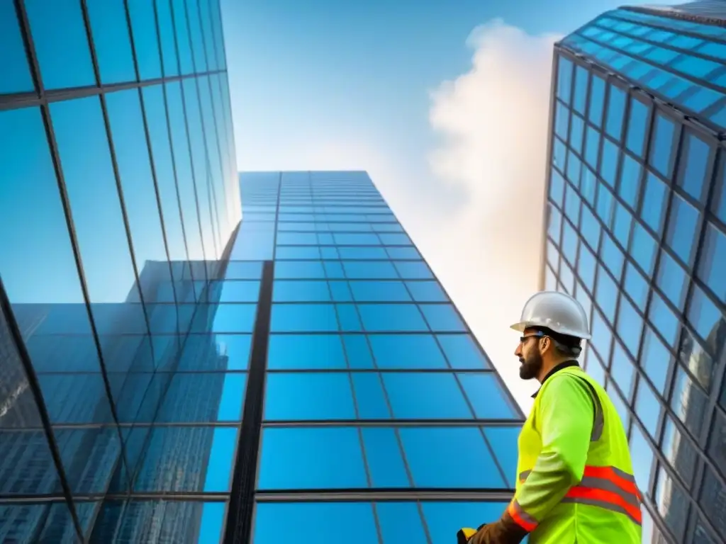 Espectacular rascacielos moderno en construcción Un rascacielos moderno refleja la ciudad en su fachada de vidrio, rodeado de trabajadores en obra