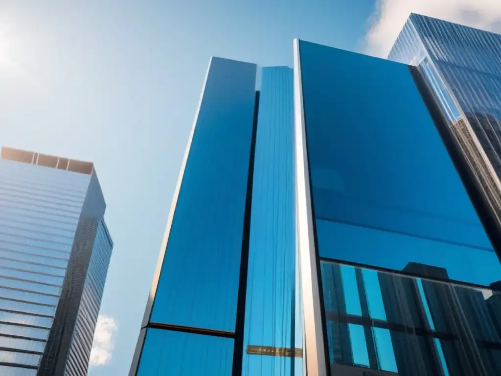 Rascacielos vanguardista: símbolo de éxito e innovación Un rascacielos moderno refleja la ciudad en su fachada de cristal, evocando éxito y visión estratégica