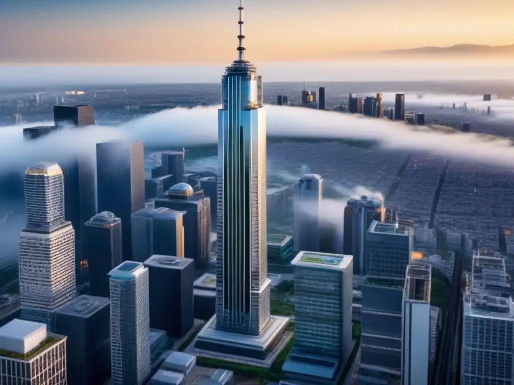 Rascacielos futurista: diseño sísmico innovador Un rascacielos moderno destaca en una ciudad futurista, cumpliendo normativas seguridad antisísmica inversión internacional