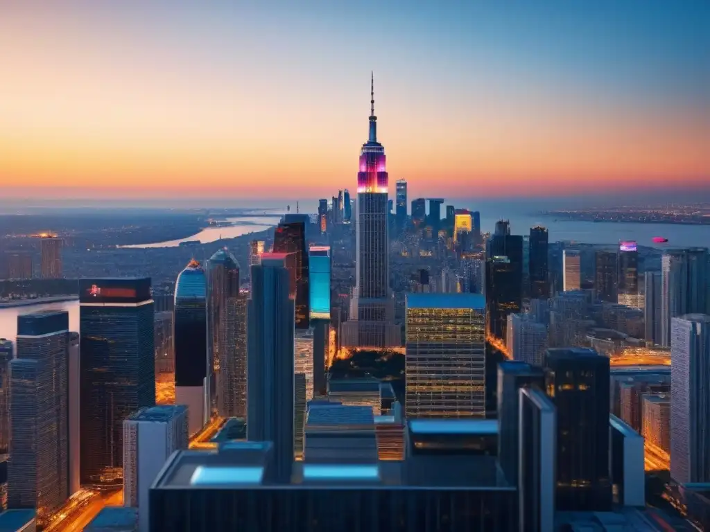 Rascacielos de lujo en ciudad internacional al atardecer Rascacielos moderno reflejando ciudad internacional al atardecer